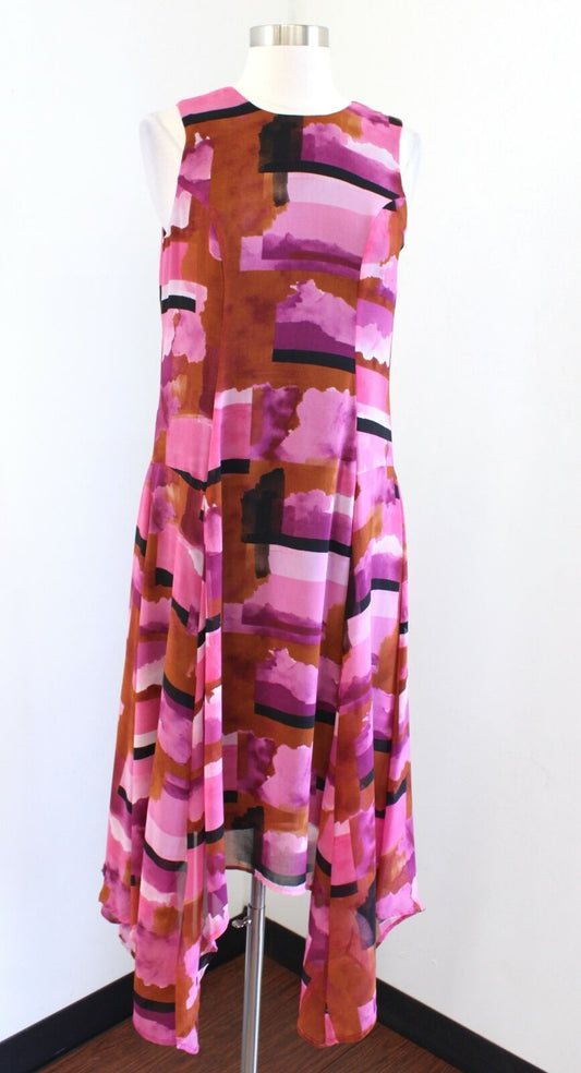 Lauren Ralph Lauren Pink Brown Watercolor Printed Asymmetrical Hem Dress Size 6