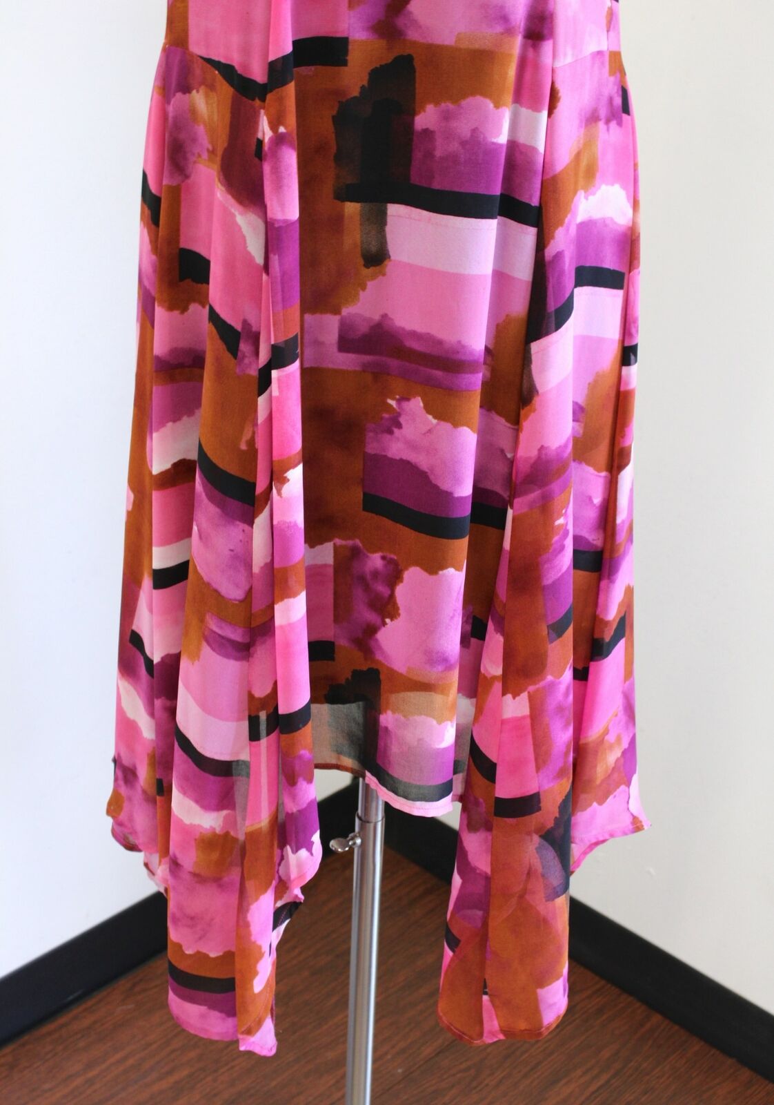 Lauren Ralph Lauren Pink Brown Watercolor Printed Asymmetrical Hem Dress Size 6