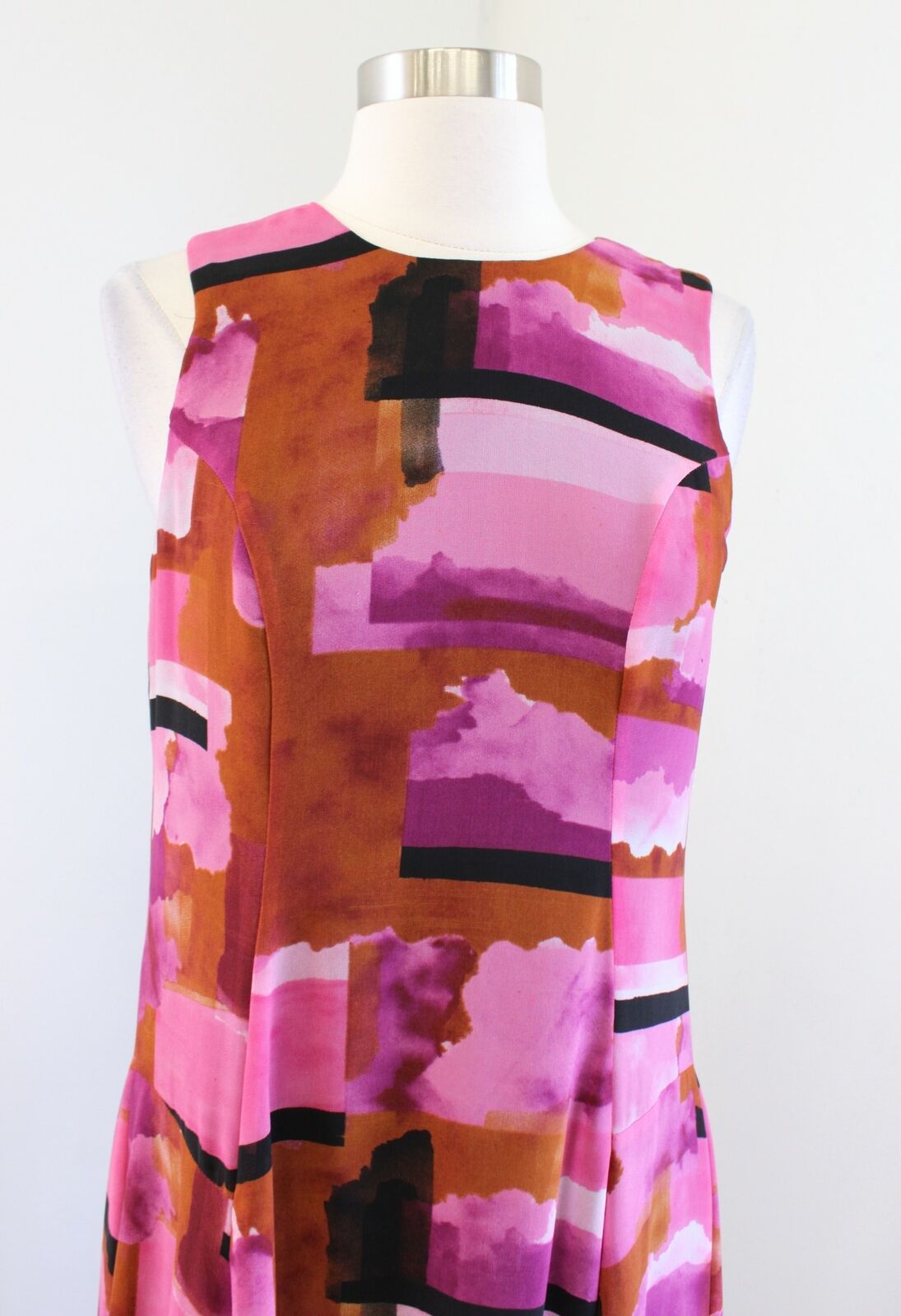Lauren Ralph Lauren Pink Brown Watercolor Printed Asymmetrical Hem Dress Size 6