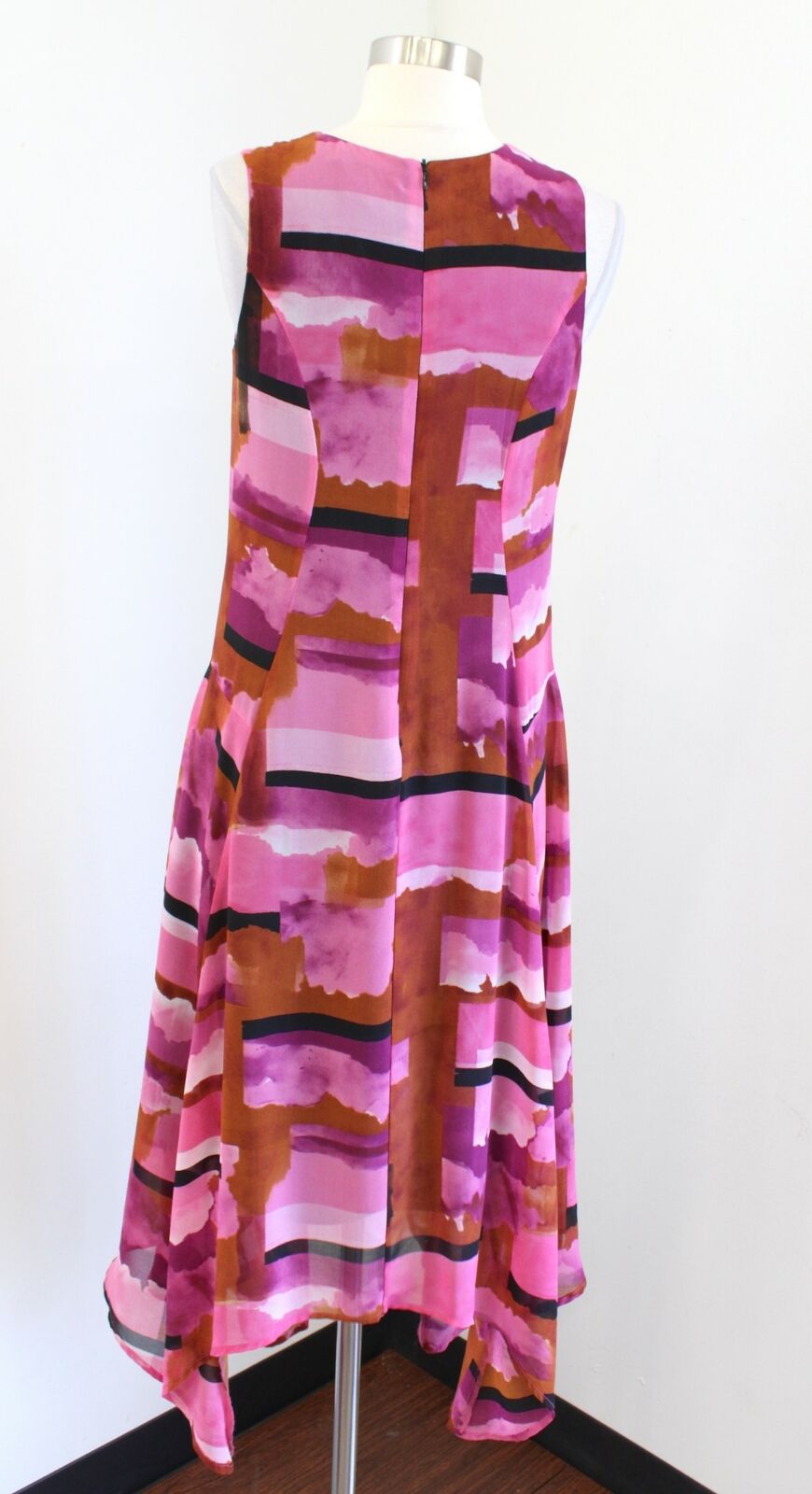 Lauren Ralph Lauren Pink Brown Watercolor Printed Asymmetrical Hem Dress Size 6