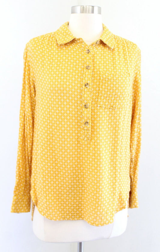 Anthropologie Isadora Yellow White Embroidered Button Back Tunic Shirt Blouse XS