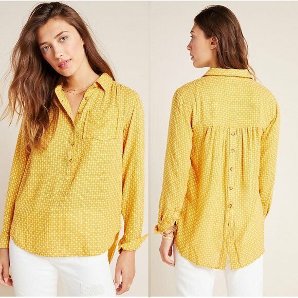 Anthropologie Isadora Yellow White Embroidered Button Back Tunic Shirt Blouse XS