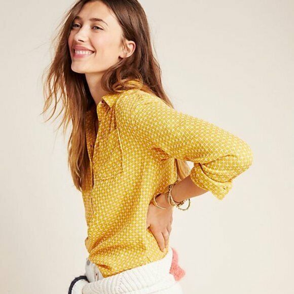Anthropologie Isadora Yellow White Embroidered Button Back Tunic Shirt Blouse XS