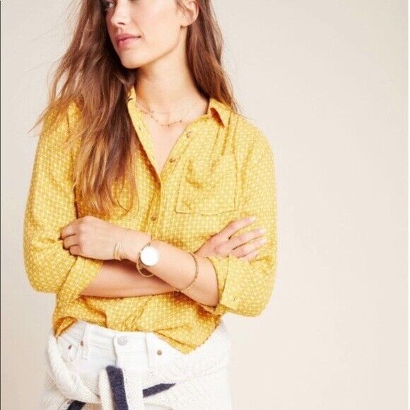 Anthropologie Isadora Yellow White Embroidered Button Back Tunic Shirt Blouse XS