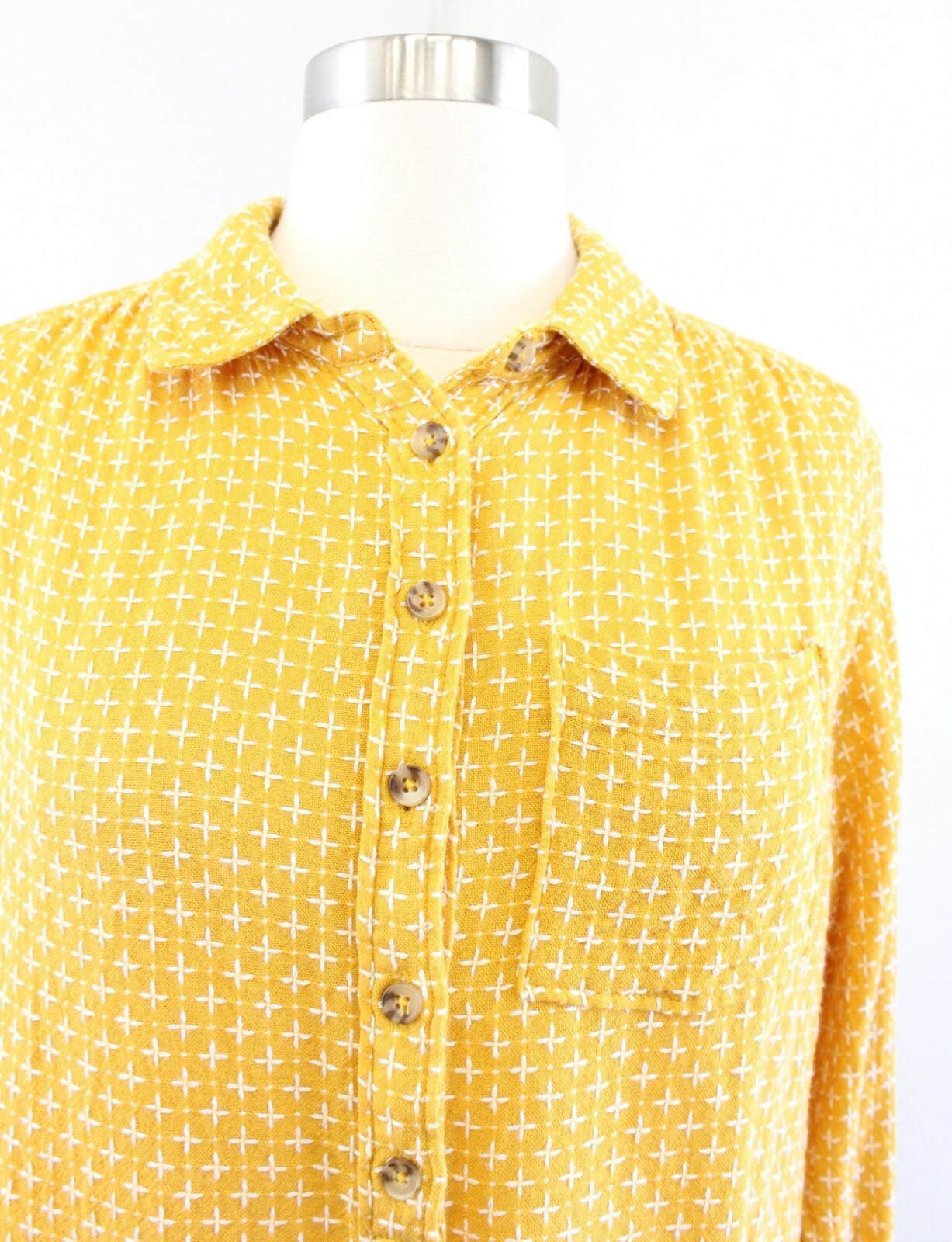 Anthropologie Isadora Yellow White Embroidered Button Back Tunic Shirt Blouse XS