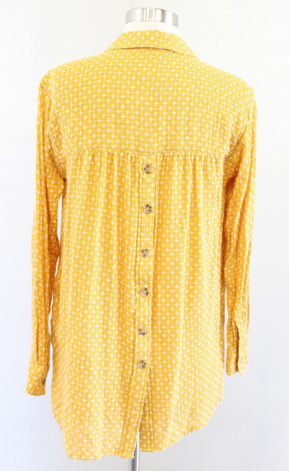 Anthropologie Isadora Yellow White Embroidered Button Back Tunic Shirt Blouse XS