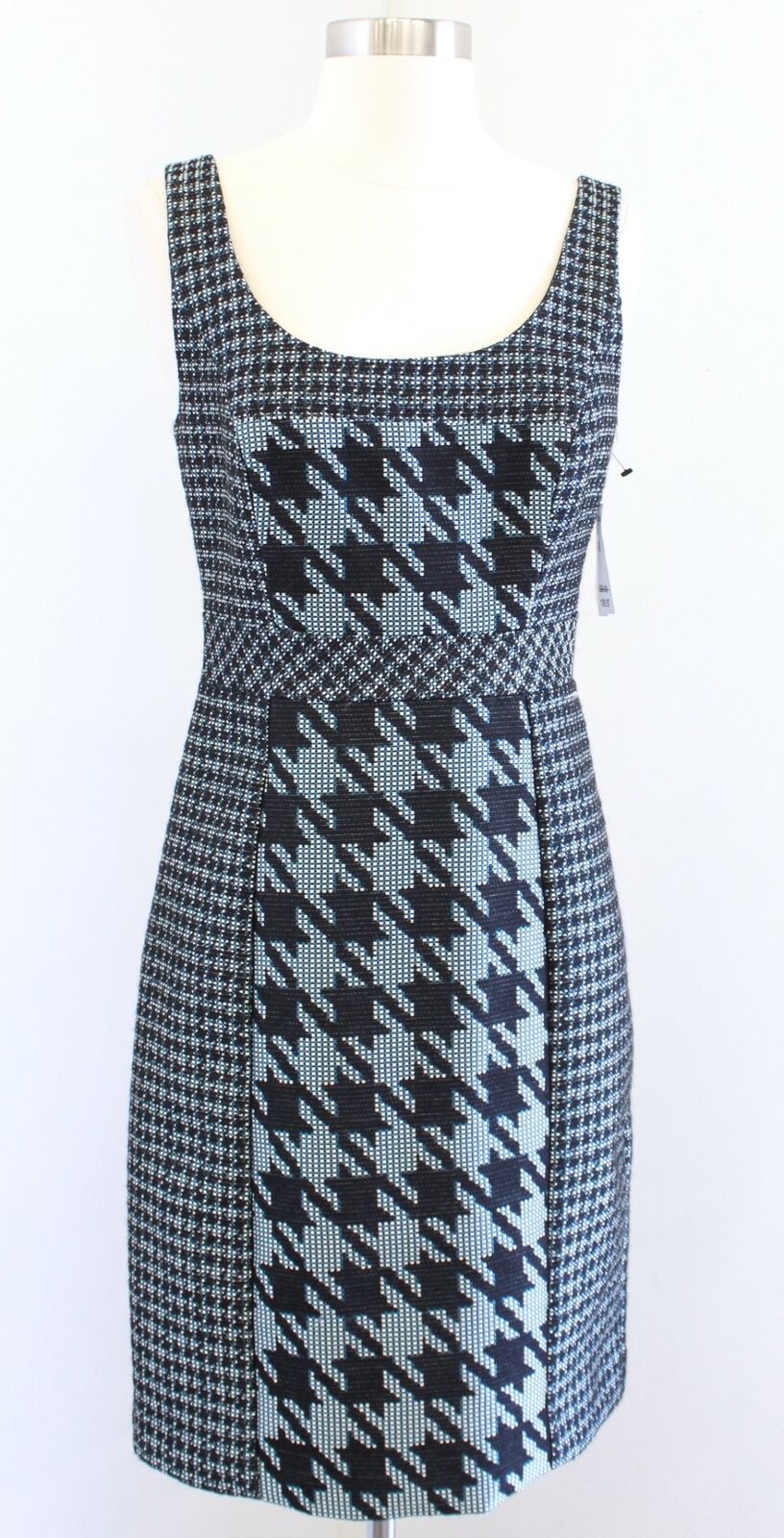 NWT Trina Turk Elissa Black Teal White Houndstooth Tweed Sheath Dress Size 6