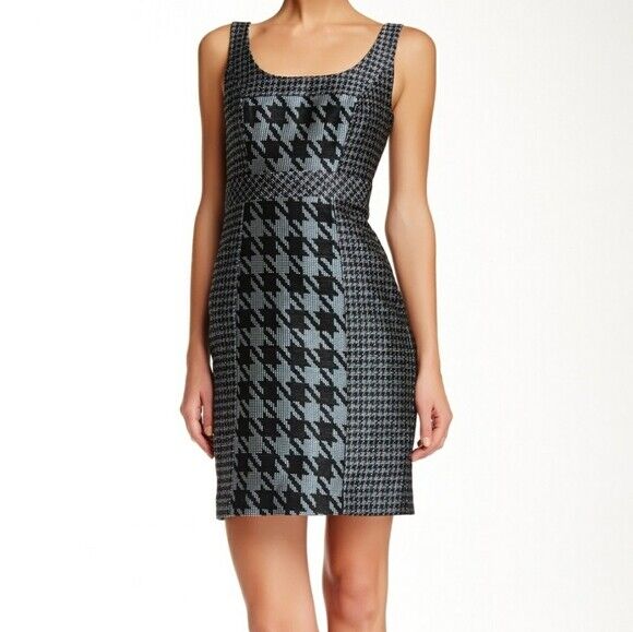 NWT Trina Turk Elissa Black Teal White Houndstooth Tweed Sheath Dress Size 6