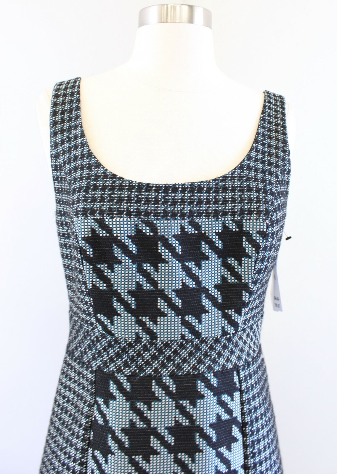 NWT Trina Turk Elissa Black Teal White Houndstooth Tweed Sheath Dress Size 6