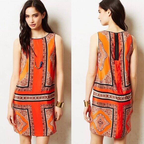 Maeve Anthropologie Canna Orange Black Silk Bandana Print Shift Dress Size 0