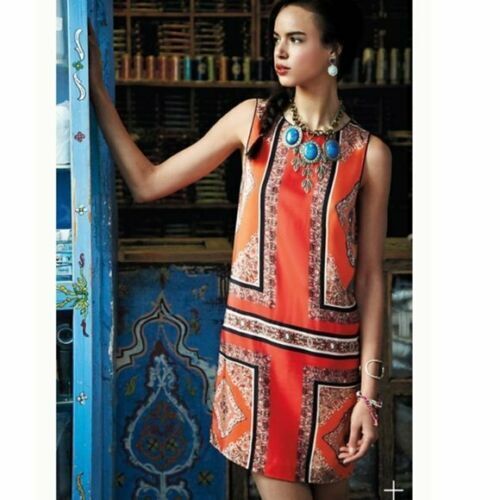 Maeve Anthropologie Canna Orange Black Silk Bandana Print Shift Dress Size 0