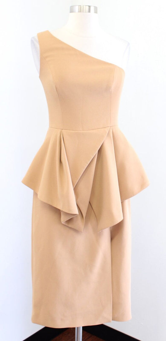 C/MEO Collective Flawless Camel Tan One Shoulder Peplum Dress Size S Evening