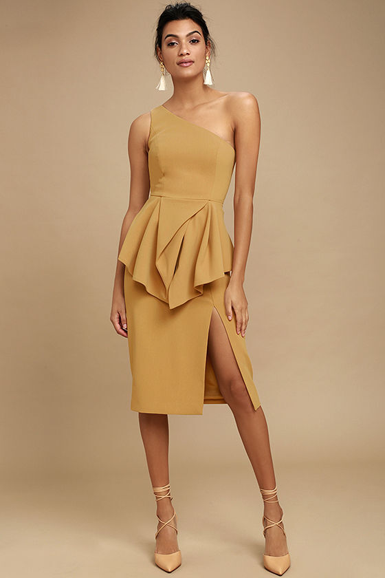 C/MEO Collective Flawless Camel Tan One Shoulder Peplum Dress Size S Evening