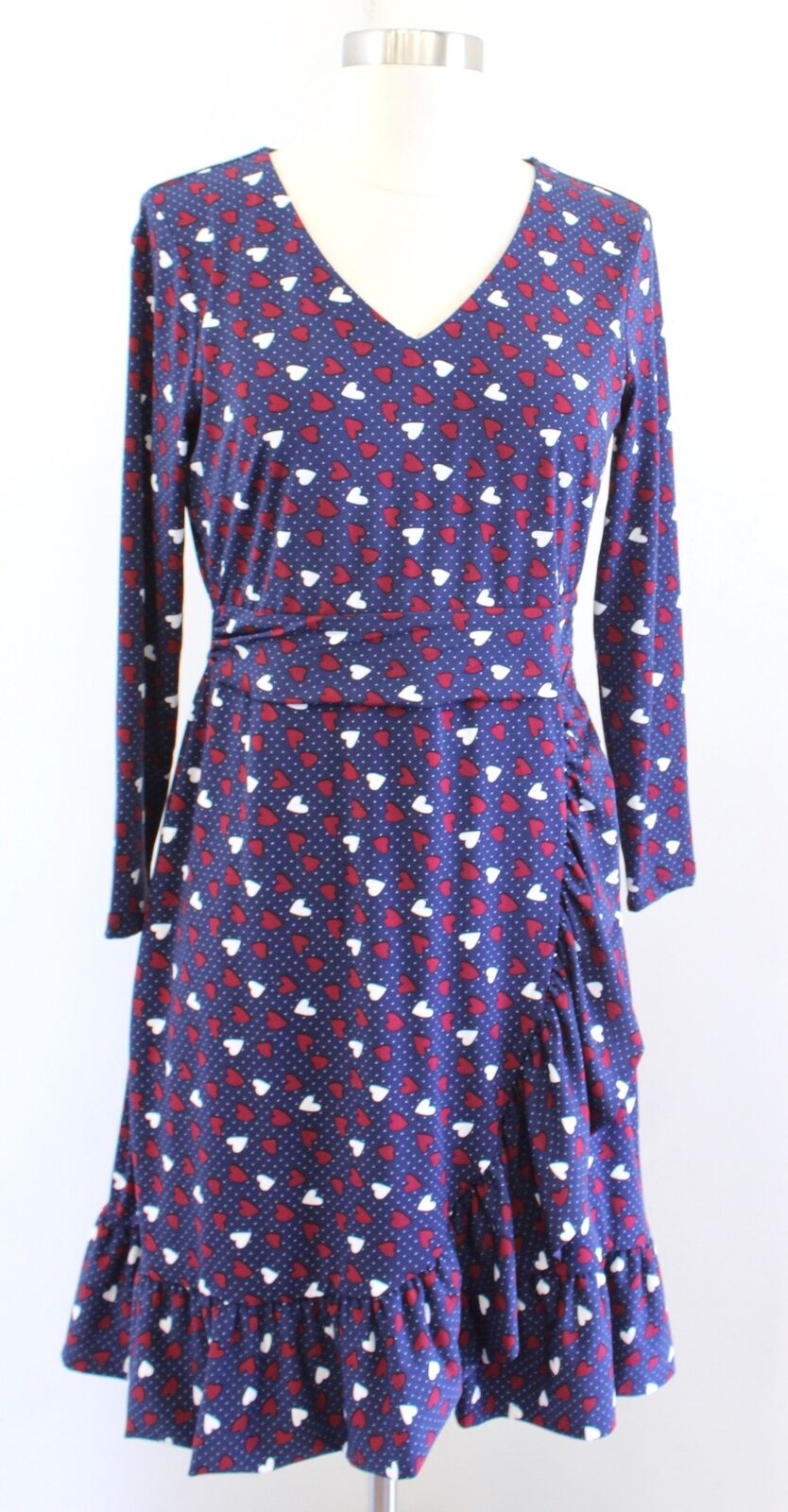 Talbots Navy Blue Red Heart Print Ruffle A Line Dress Size 6P V Neck Jersey Knit