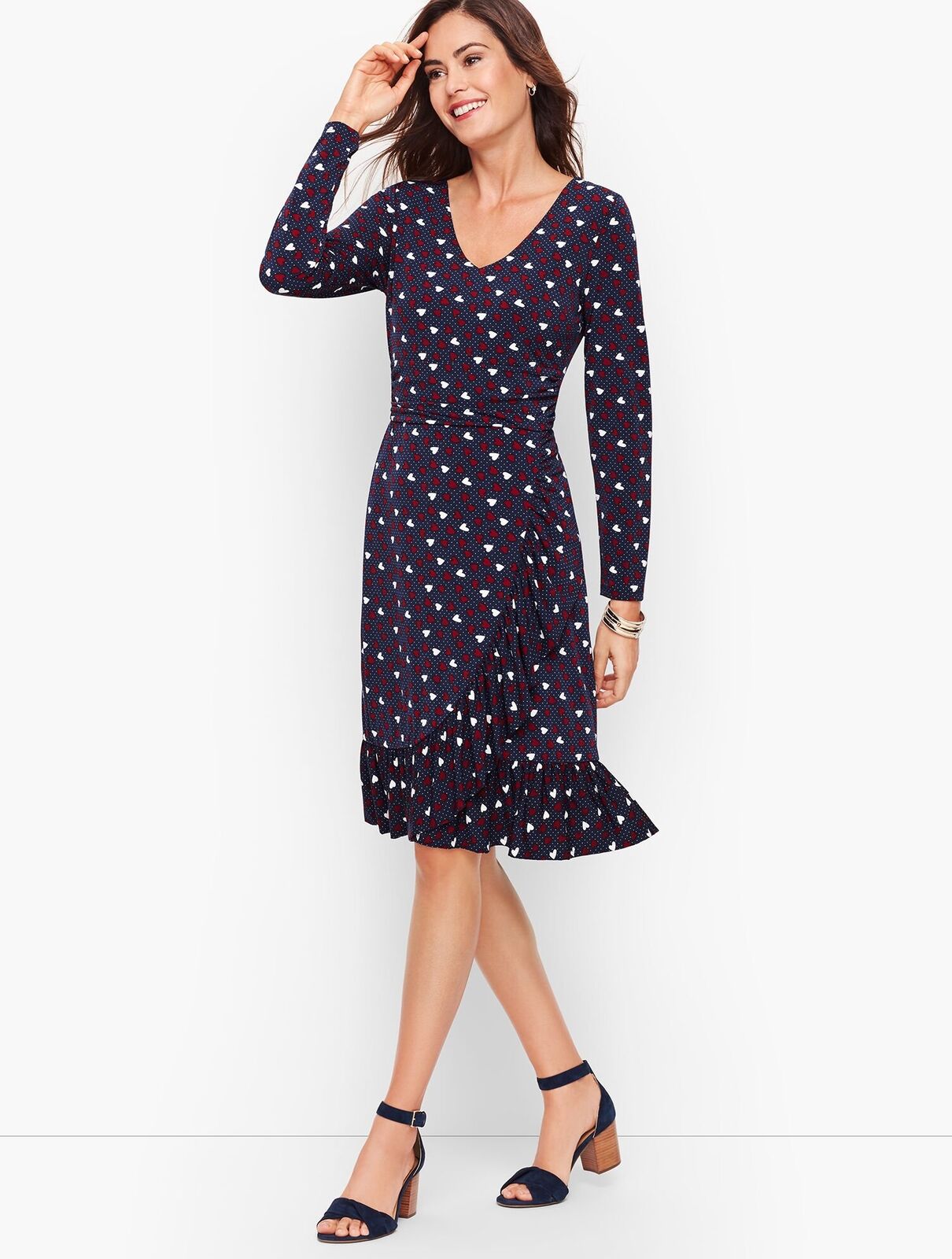 Talbots Navy Blue Red Heart Print Ruffle A Line Dress Size 6P V Neck Jersey Knit