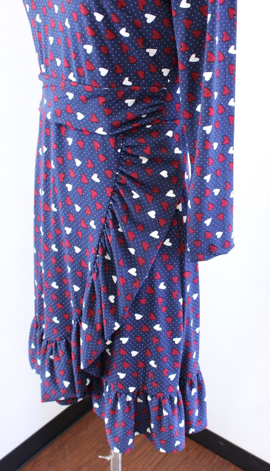 Talbots Navy Blue Red Heart Print Ruffle A Line Dress Size 6P V Neck Jersey Knit