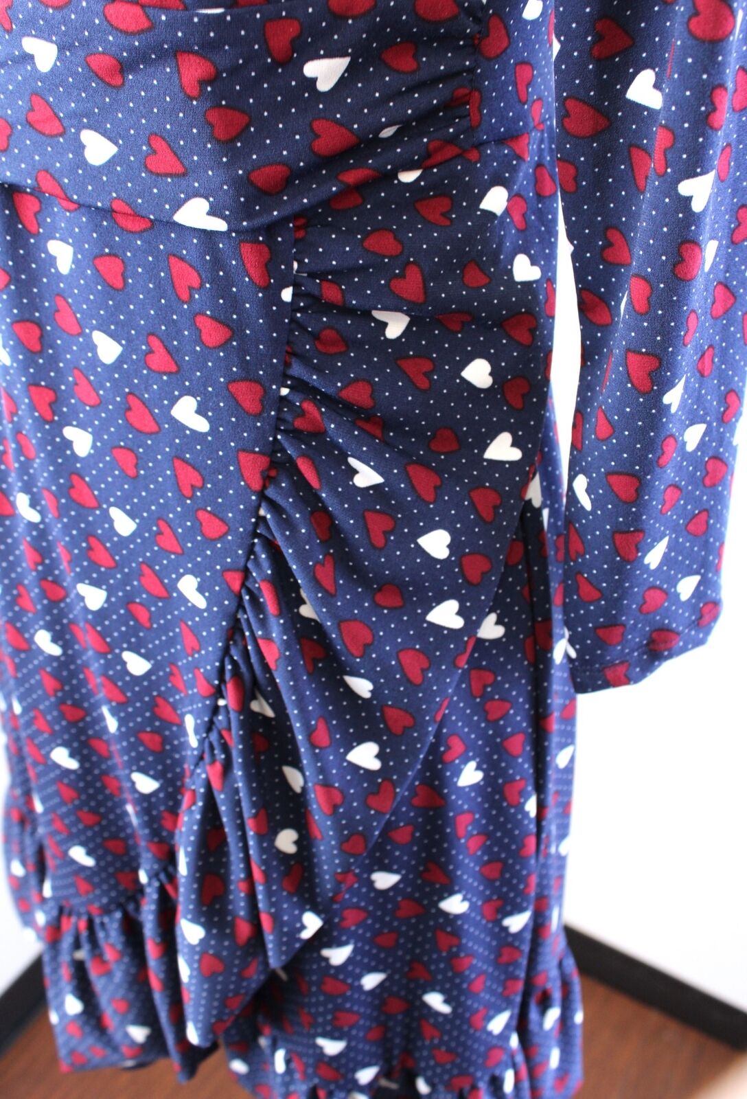 Talbots Navy Blue Red Heart Print Ruffle A Line Dress Size 6P V Neck Jersey Knit