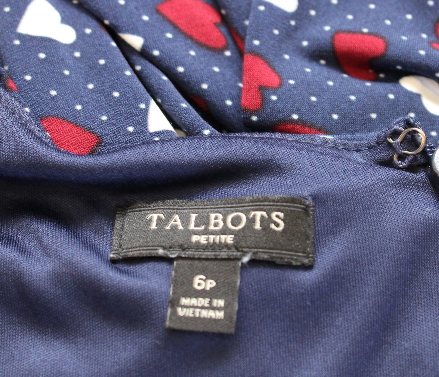 Talbots Navy Blue Red Heart Print Ruffle A Line Dress Size 6P V Neck Jersey Knit
