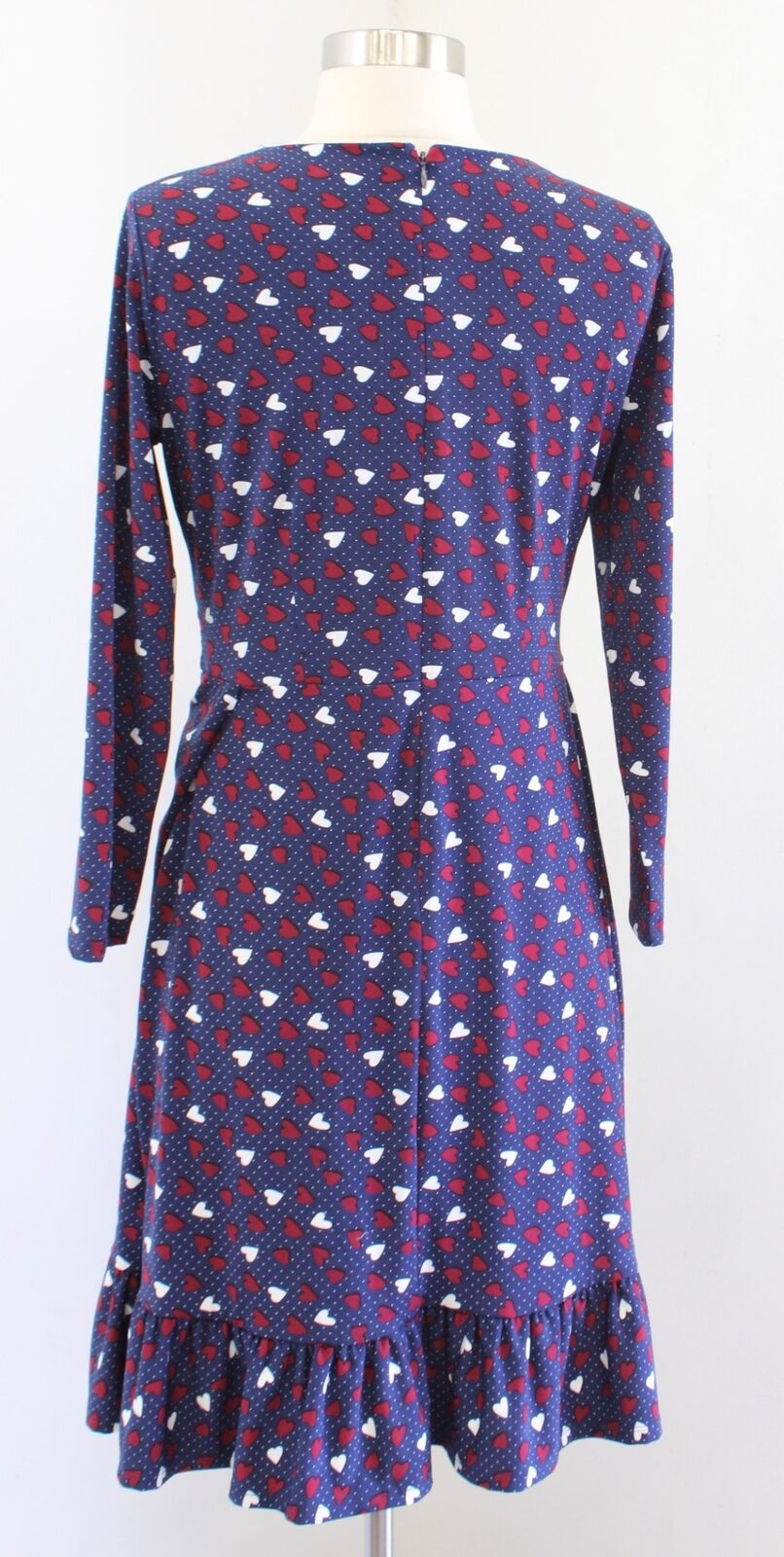Talbots Navy Blue Red Heart Print Ruffle A Line Dress Size 6P V Neck Jersey Knit