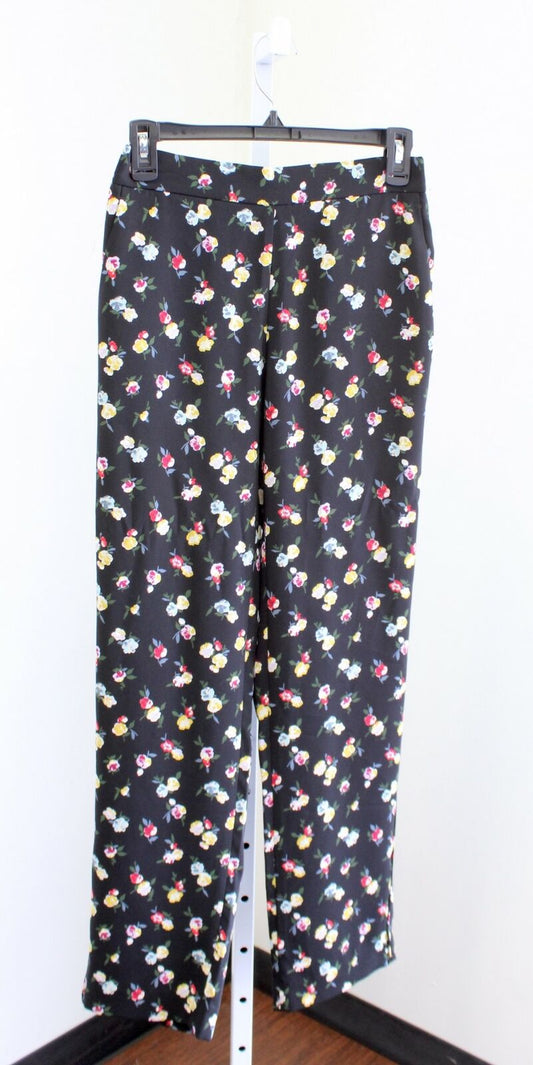 NWT Ann Taylor Black Multi Color Winter Floral Easy Pants Size XS