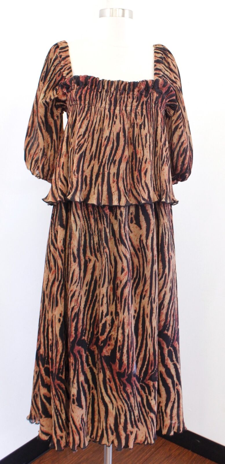 NWT Ganni Tigers Eye Pleated Georgette Puff Sleeve Midi Dress Sz 40 Square Neck