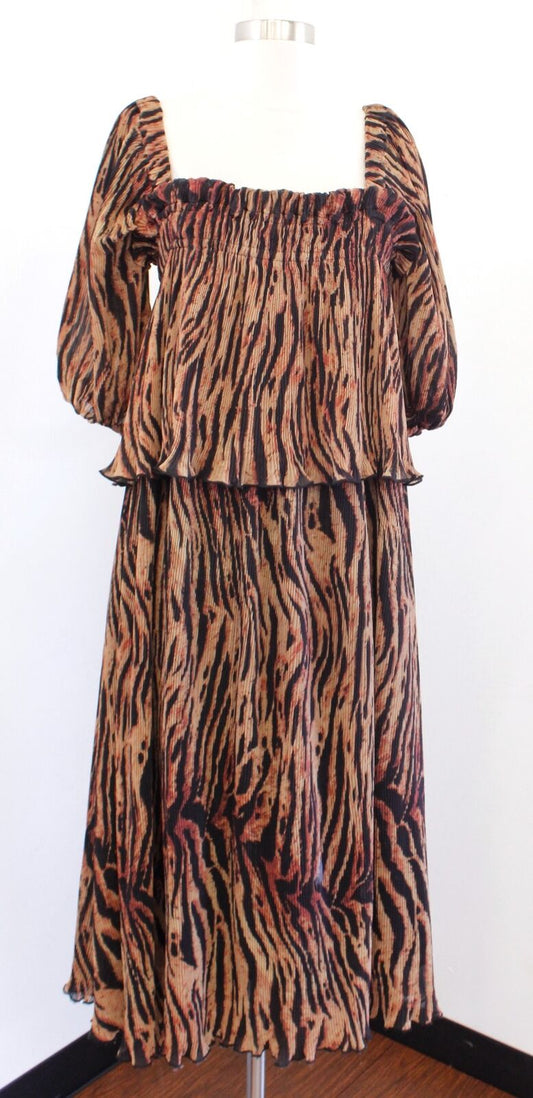 NWT Ganni Tigers Eye Pleated Georgette Puff Sleeve Midi Dress Sz 40 Square Neck