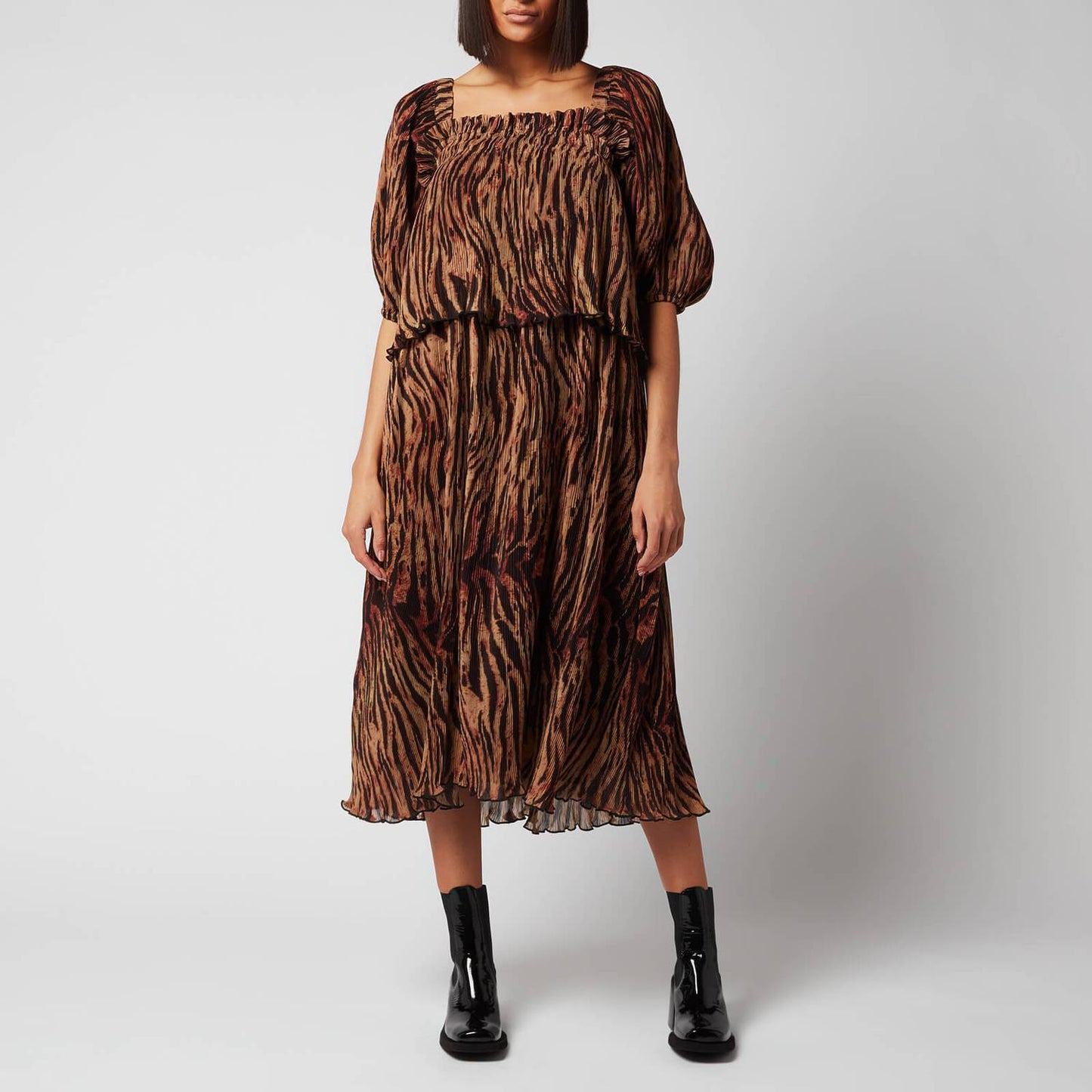 NWT Ganni Tigers Eye Pleated Georgette Puff Sleeve Midi Dress Sz 40 Square Neck