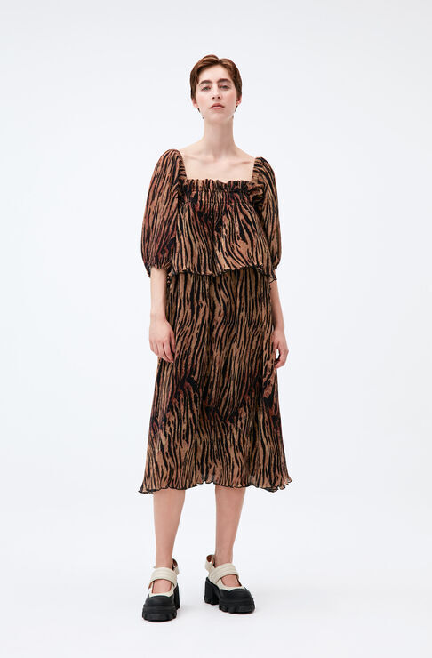 NWT Ganni Tigers Eye Pleated Georgette Puff Sleeve Midi Dress Sz 40 Square Neck