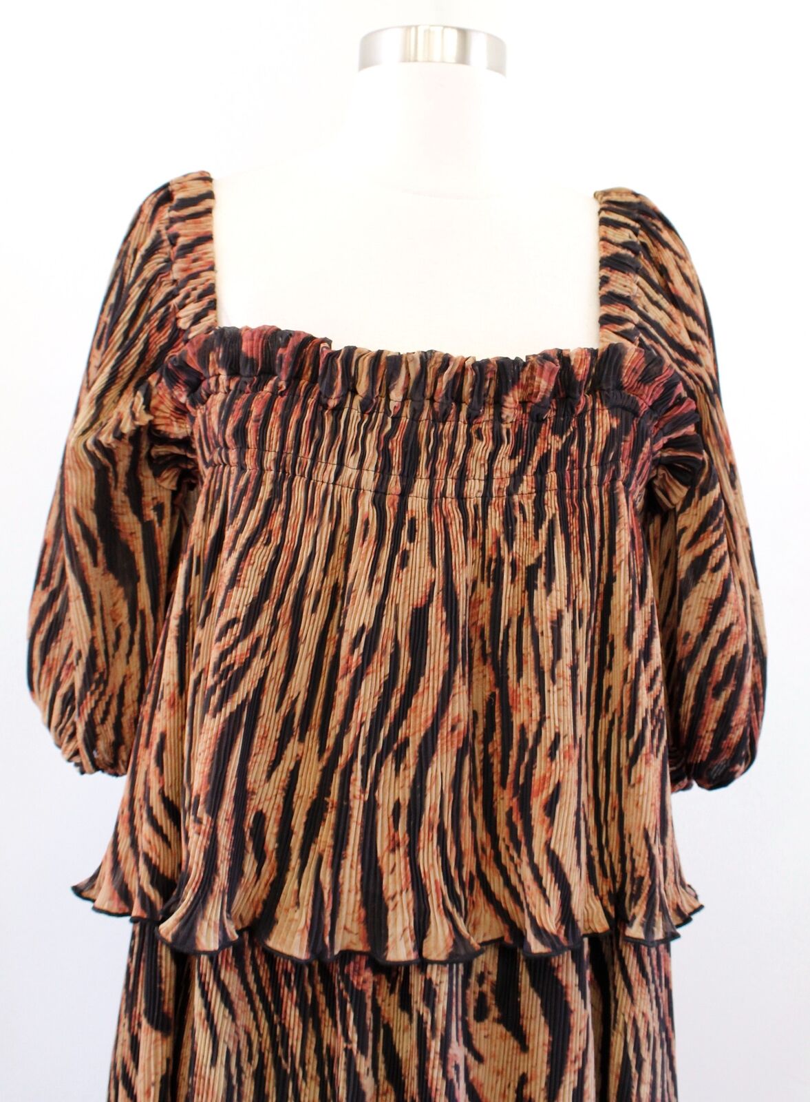 NWT Ganni Tigers Eye Pleated Georgette Puff Sleeve Midi Dress Sz 40 Square Neck