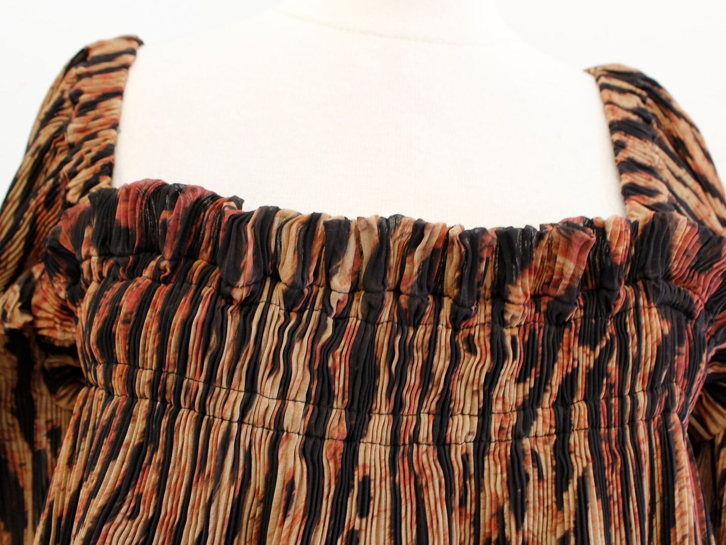 NWT Ganni Tigers Eye Pleated Georgette Puff Sleeve Midi Dress Sz 40 Square Neck