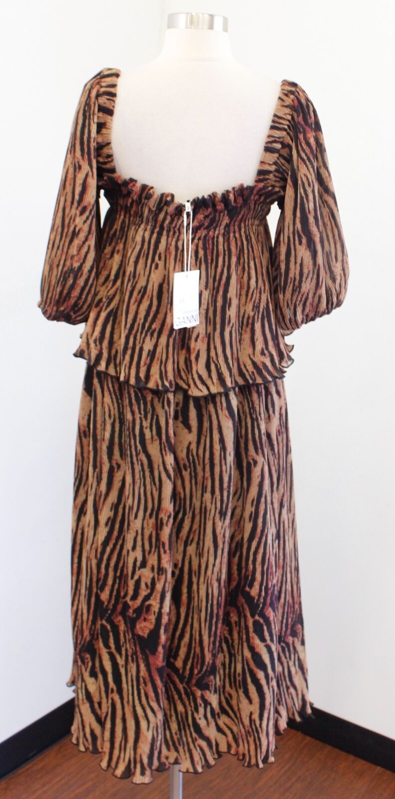 NWT Ganni Tigers Eye Pleated Georgette Puff Sleeve Midi Dress Sz 40 Square Neck