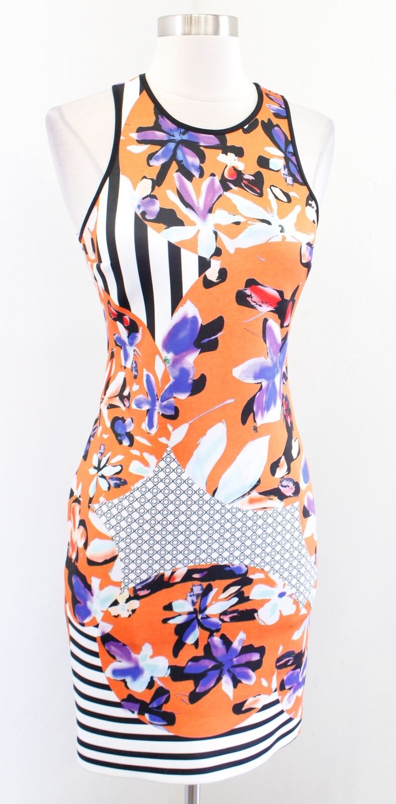 Clover Canyon Orange Floral Discs Neoprene Scuba Sheath Dress Size S Bodycon