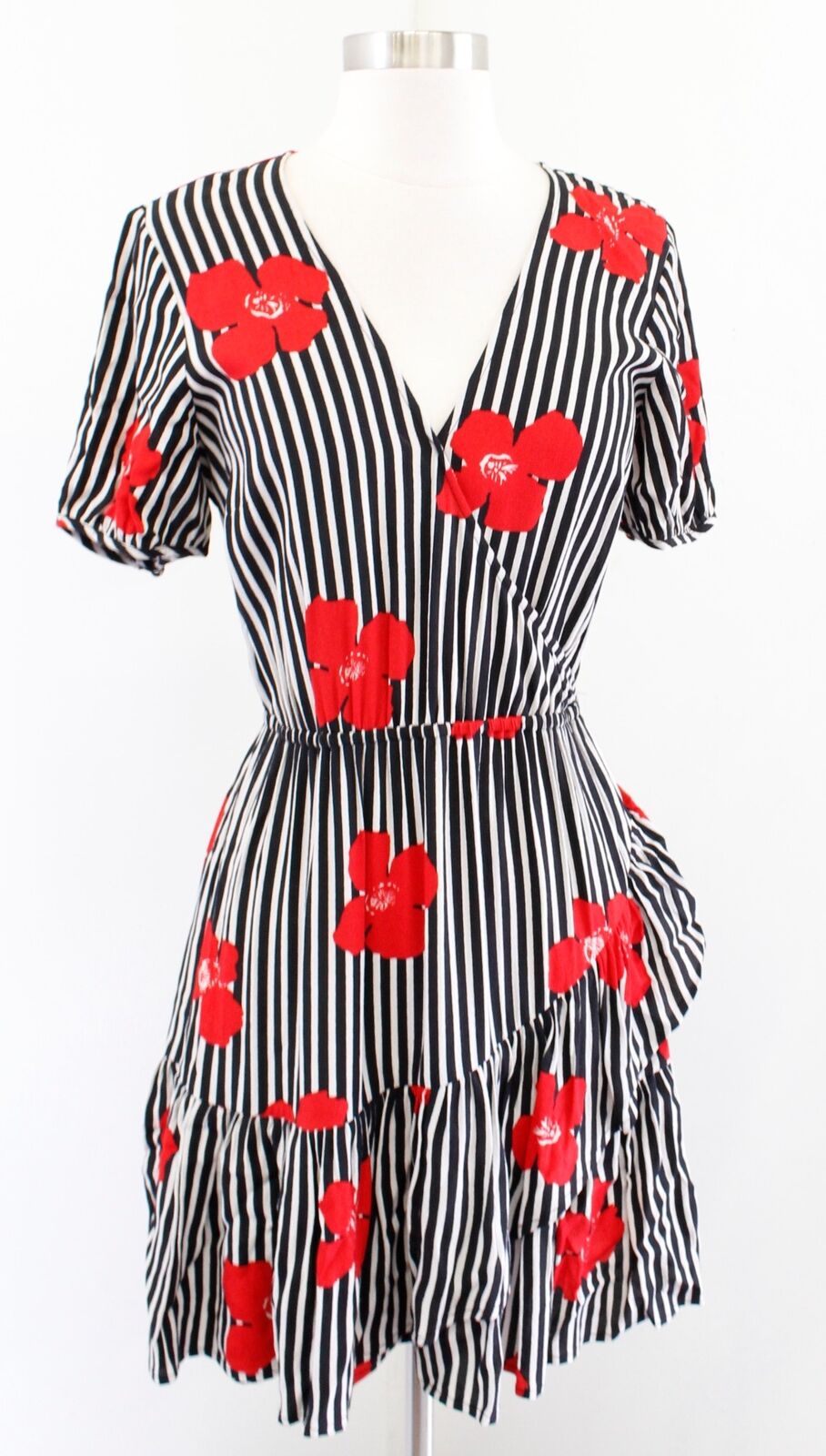 Madewell Black White Red Striped Floral Print Faux Wrap Ruffle Dress Size 0