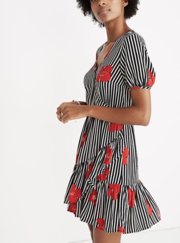 Madewell Black White Red Striped Floral Print Faux Wrap Ruffle Dress Size 0