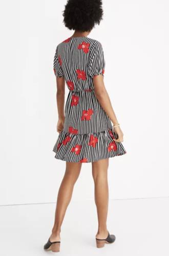 Madewell Black White Red Striped Floral Print Faux Wrap Ruffle Dress Size 0