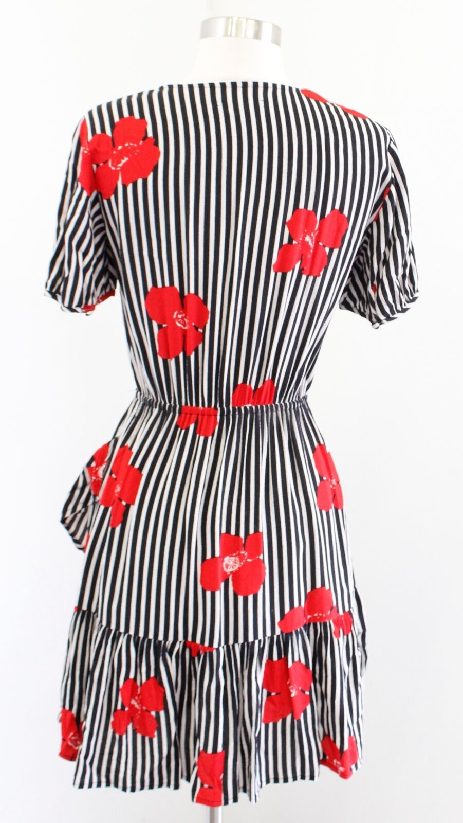 Madewell Black White Red Striped Floral Print Faux Wrap Ruffle Dress Size 0