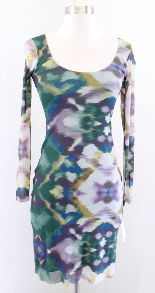 NWT Weston Wear Green Abstract Geometric Print Mesh Bodycon Dress Size XS