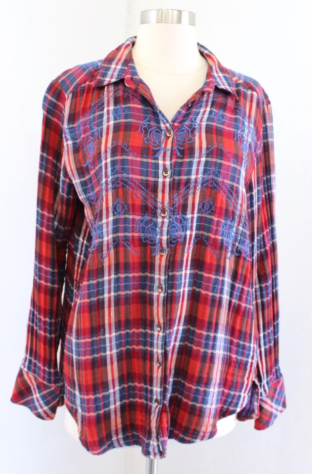 Free People Magical Plaid Embroidered Button Down Shirt Blouse Size S Red Blue Long Sleeve