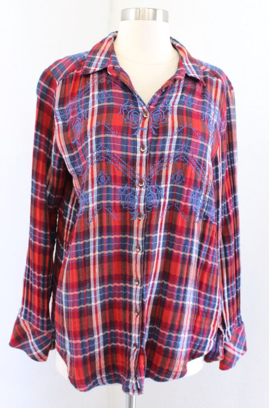 Free People Magical Plaid Embroidered Button Down Shirt Blouse Size S Red Blue Long Sleeve