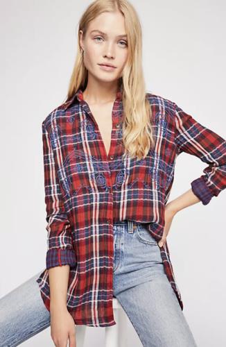 Free People Magical Plaid Embroidered Button Down Shirt Blouse Size S Red Blue Long Sleeve