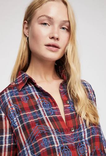 Free People Magical Plaid Embroidered Button Down Shirt Blouse Size S Red Blue Long Sleeve