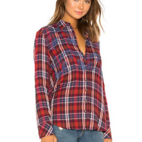 Free People Magical Plaid Embroidered Button Down Shirt Blouse Size S Red Blue Long Sleeve