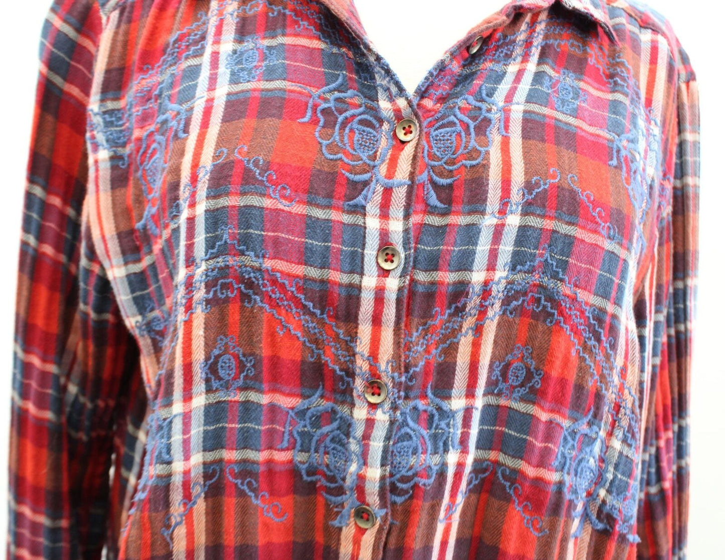 Free People Magical Plaid Embroidered Button Down Shirt Blouse Size S Red Blue Long Sleeve