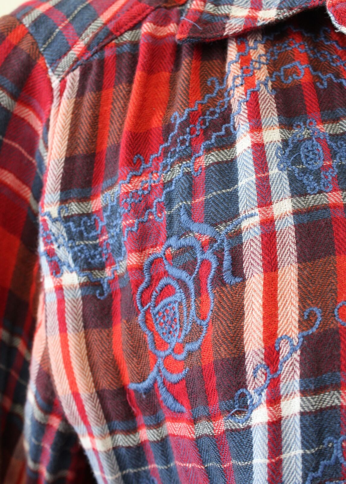 Free People Magical Plaid Embroidered Button Down Shirt Blouse Size S Red Blue Long Sleeve