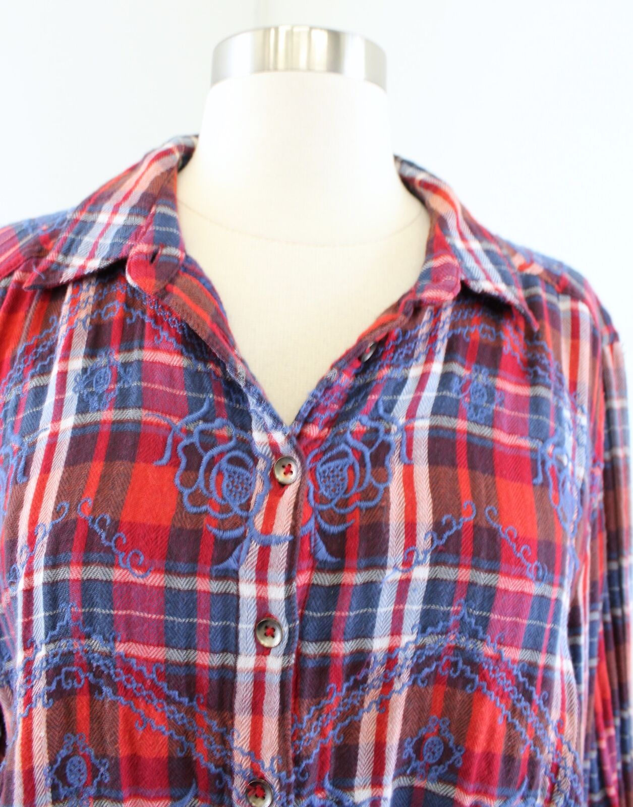 Free People Magical Plaid Embroidered Button Down Shirt Blouse Size S Red Blue Long Sleeve