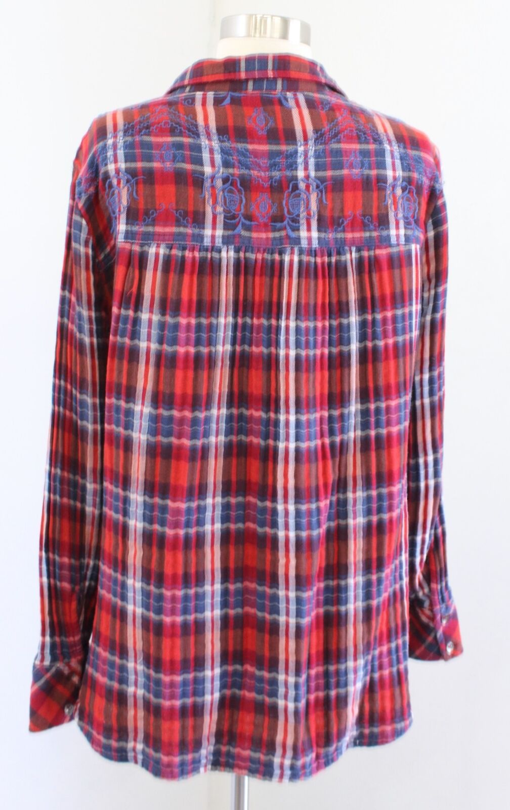 Free People Magical Plaid Embroidered Button Down Shirt Blouse Size S Red Blue Long Sleeve