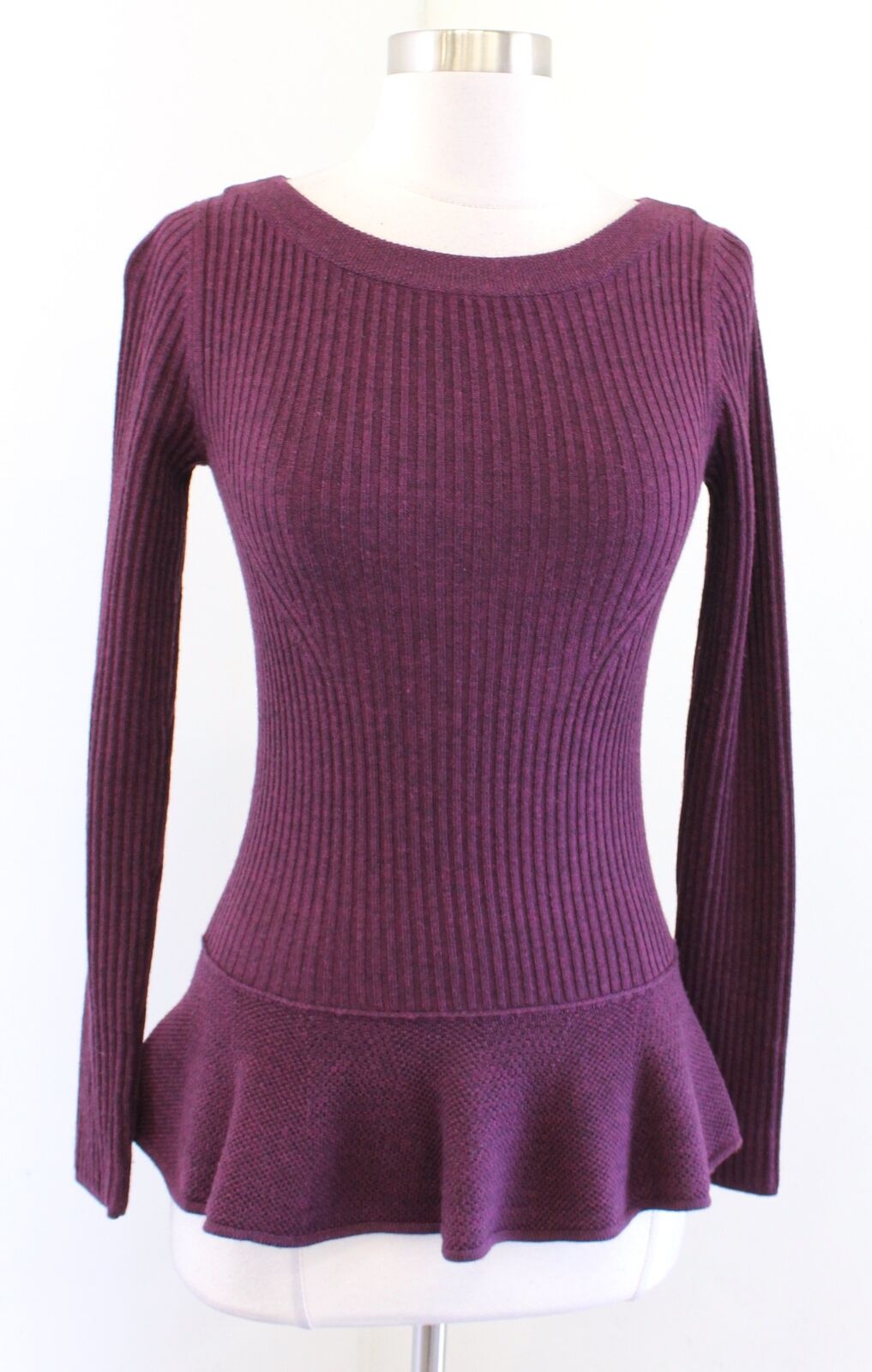 Tory Burch Ramona Merino Wool Ribbed Ruffle Peplum Sweater Size XS Plum Wine