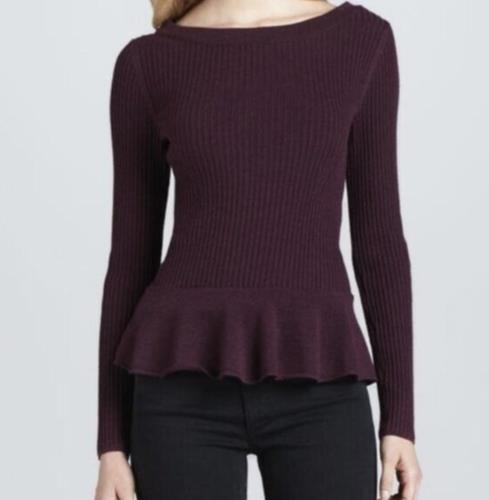 Tory Burch Ramona Merino Wool Ribbed Ruffle Peplum Sweater Size XS Plum Wine