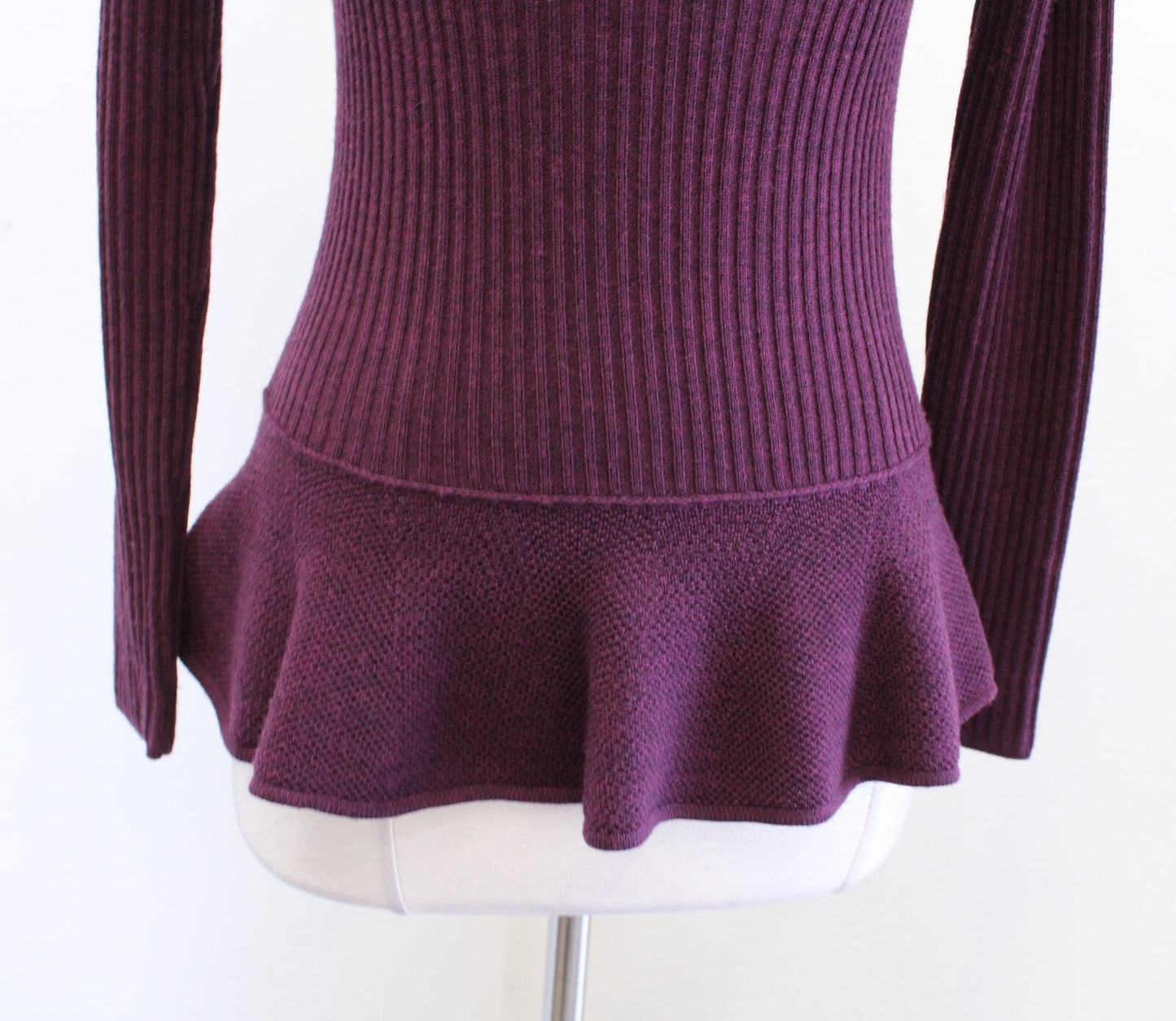 Tory Burch Ramona Merino Wool Ribbed Ruffle Peplum Sweater Size XS Plum Wine