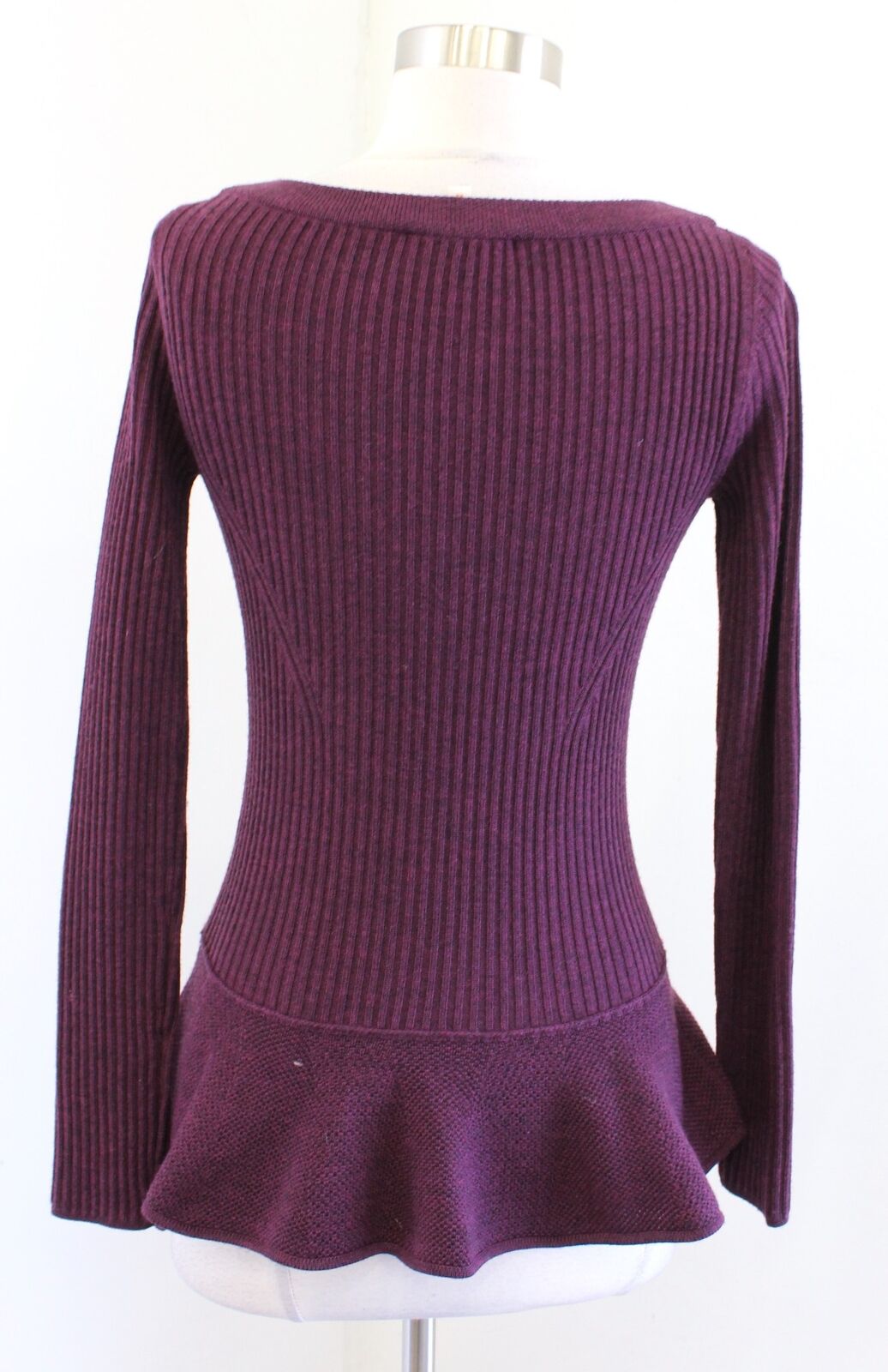 Tory Burch Ramona Merino Wool Ribbed Ruffle Peplum Sweater Size XS Plum Wine